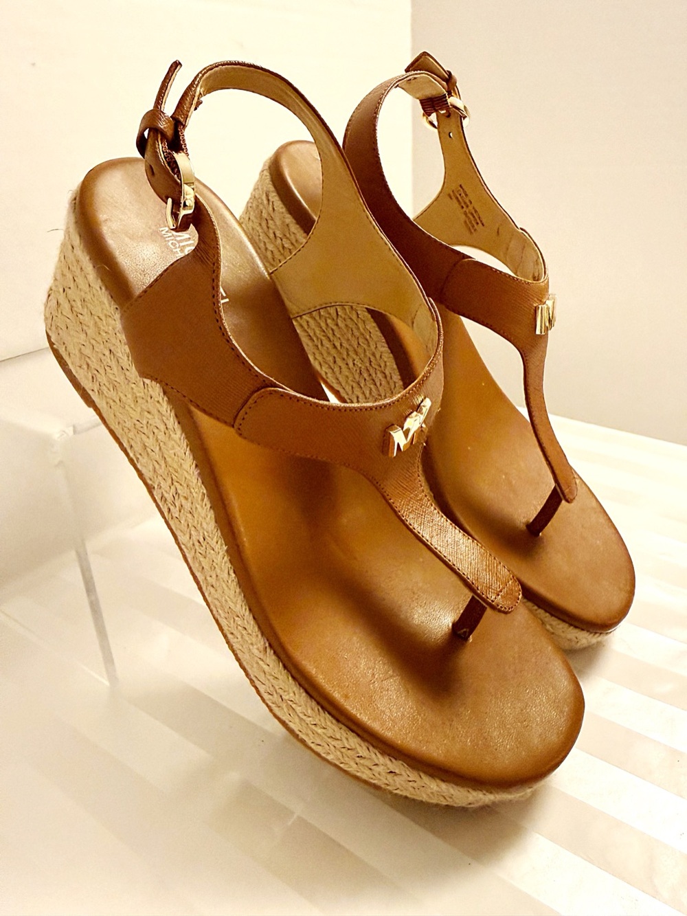 Michael Kors Laney Luggage Brown Leather Espadrille Wedge Sandals 8 NWOT
